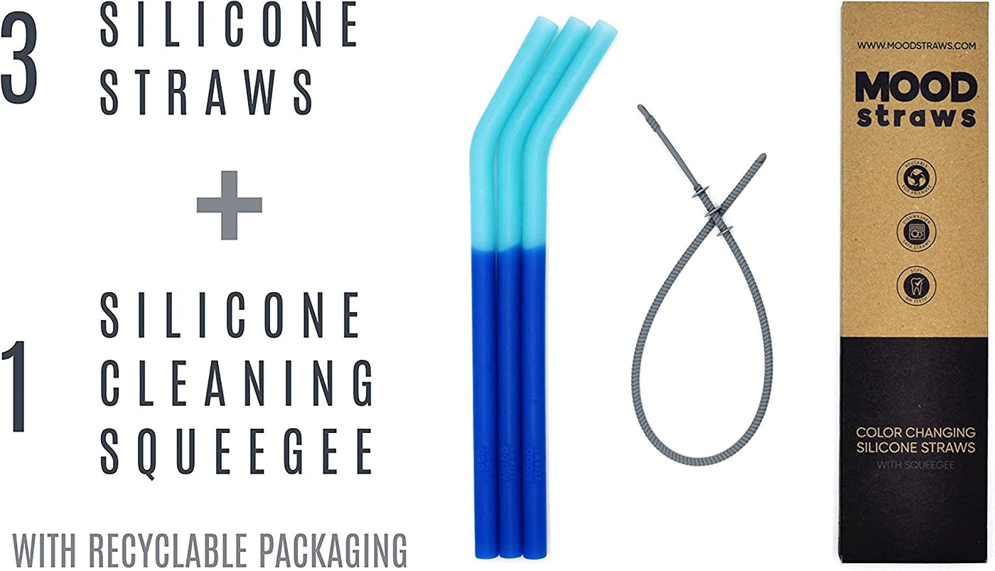 Silicone Reusable Drinking Straws, Color-Changing, plus Cleaning Squeegee. Eco-Friendly and BPA Free. Flexible and Great for Tumblers/Yetis and Kids. Package of 3 (Ocean)