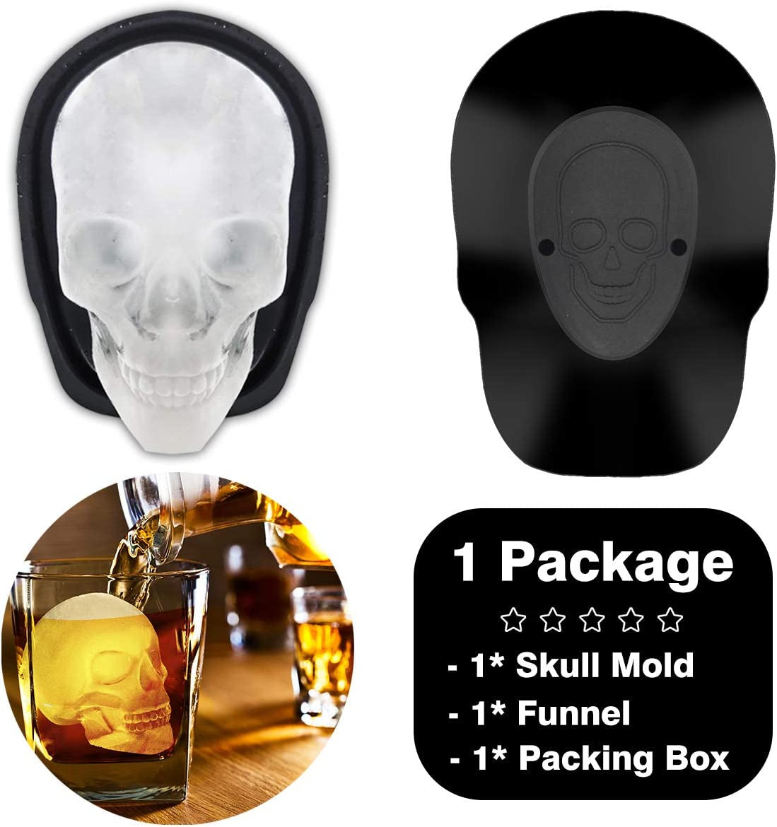 Extra Large 3D Skull Ice Cube Mold Silicone Ice Molds for Whiskey Skull Ice Cube Trays with Funnel for Big Mouth Cup Skull Ice Maker with Resin Chocolate Sugar Whiskey Ice Mold for Parties (1 Pcs)