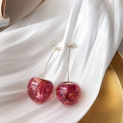 French Dried Flower Red Cherry Drop Dangle Earrings Sweet Cute Stereo Fruit Jewelry for Women 