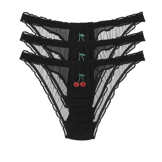 Cherry Panty Stocking Stuffer Bundle – 3-Pack Black High-Rise Cheeky Underwear for Women 35+