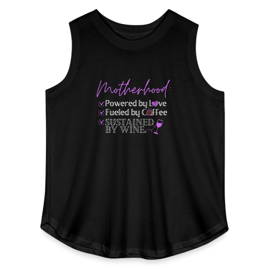 Motherhood: Powered By Love, Fueled By Coffee, Sustained By WIne Women's Curvy Plus Size Relaxed Tank Top - black